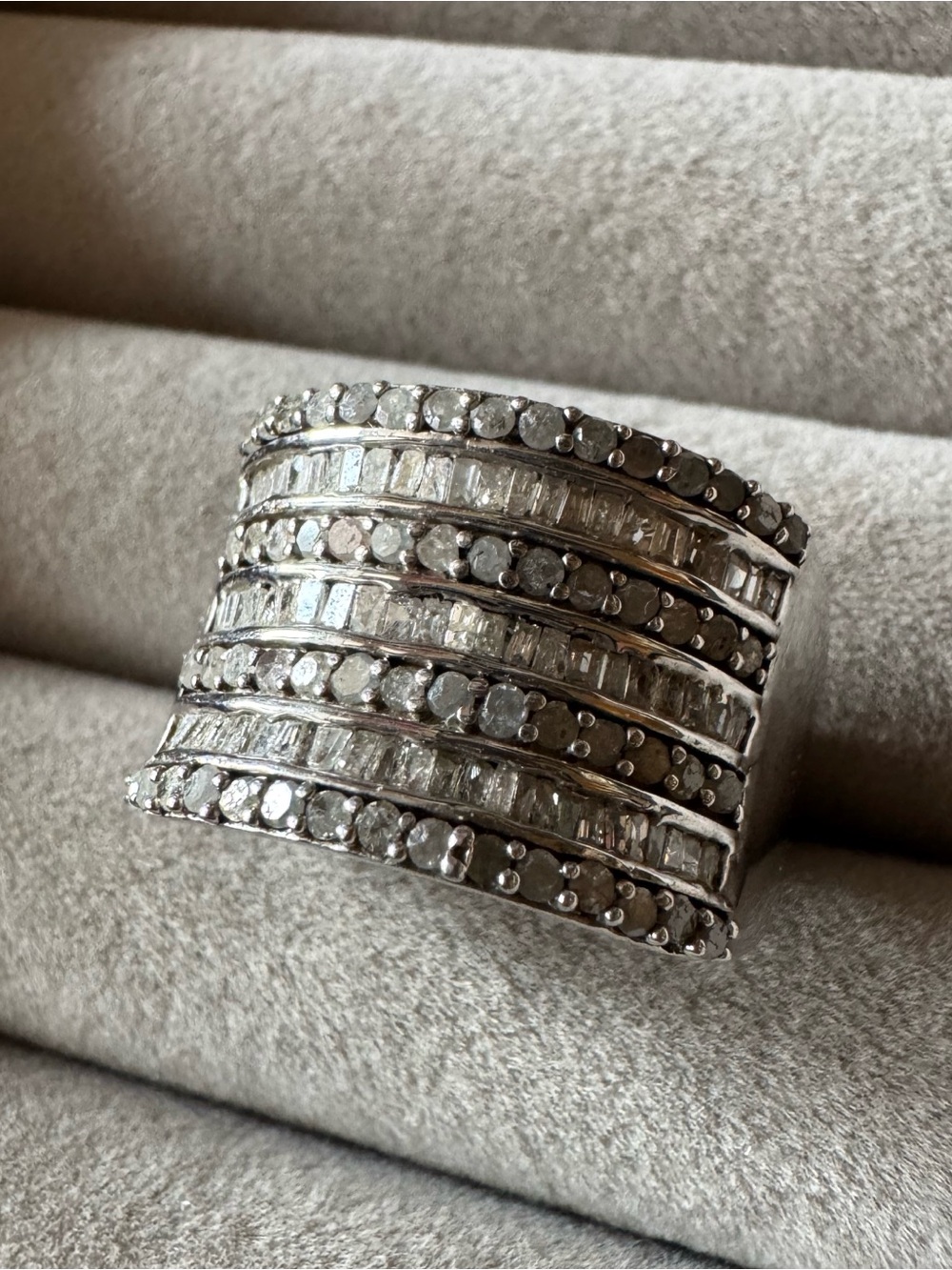 Signed SJ 925 Sterling Silver Diamond Baguette Wide Statement Ring Size 10